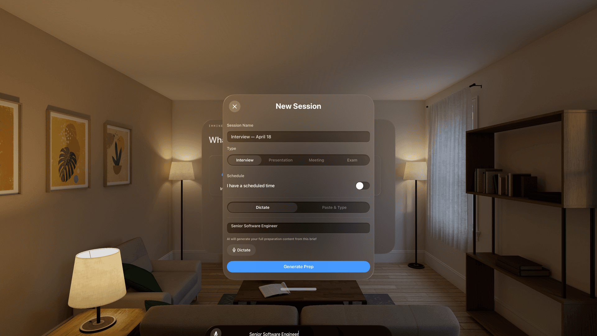 Imminent session creation view with brief input