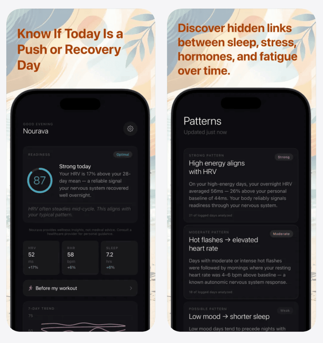 Nourava — daily readiness score of 87 Optimal with HRV, resting heart rate, and sleep metrics, plus hormone-correlated patterns