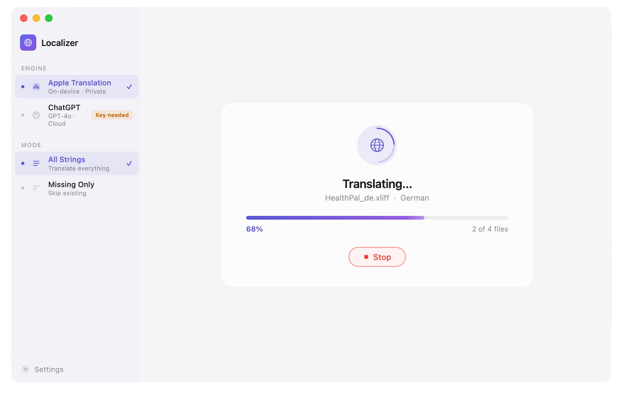Xcode Localization Translator placeholder preservation on macOS
