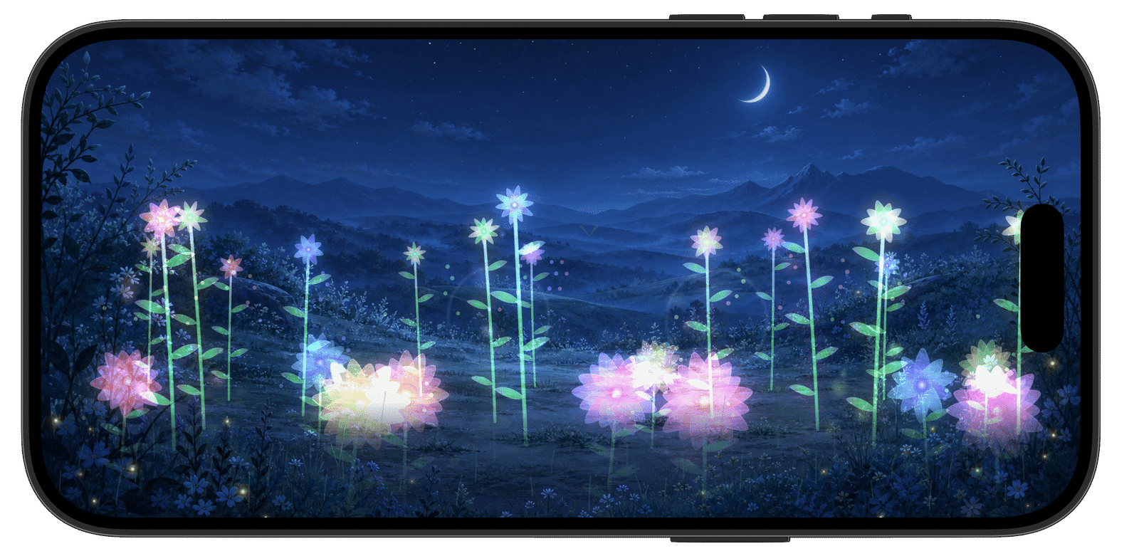 Stillgrow flowers glowing in a moonlit garden