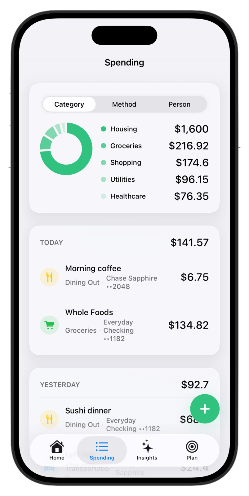 CalmLedger Spending tab showing a category chart and day-grouped transactions on iPhone
