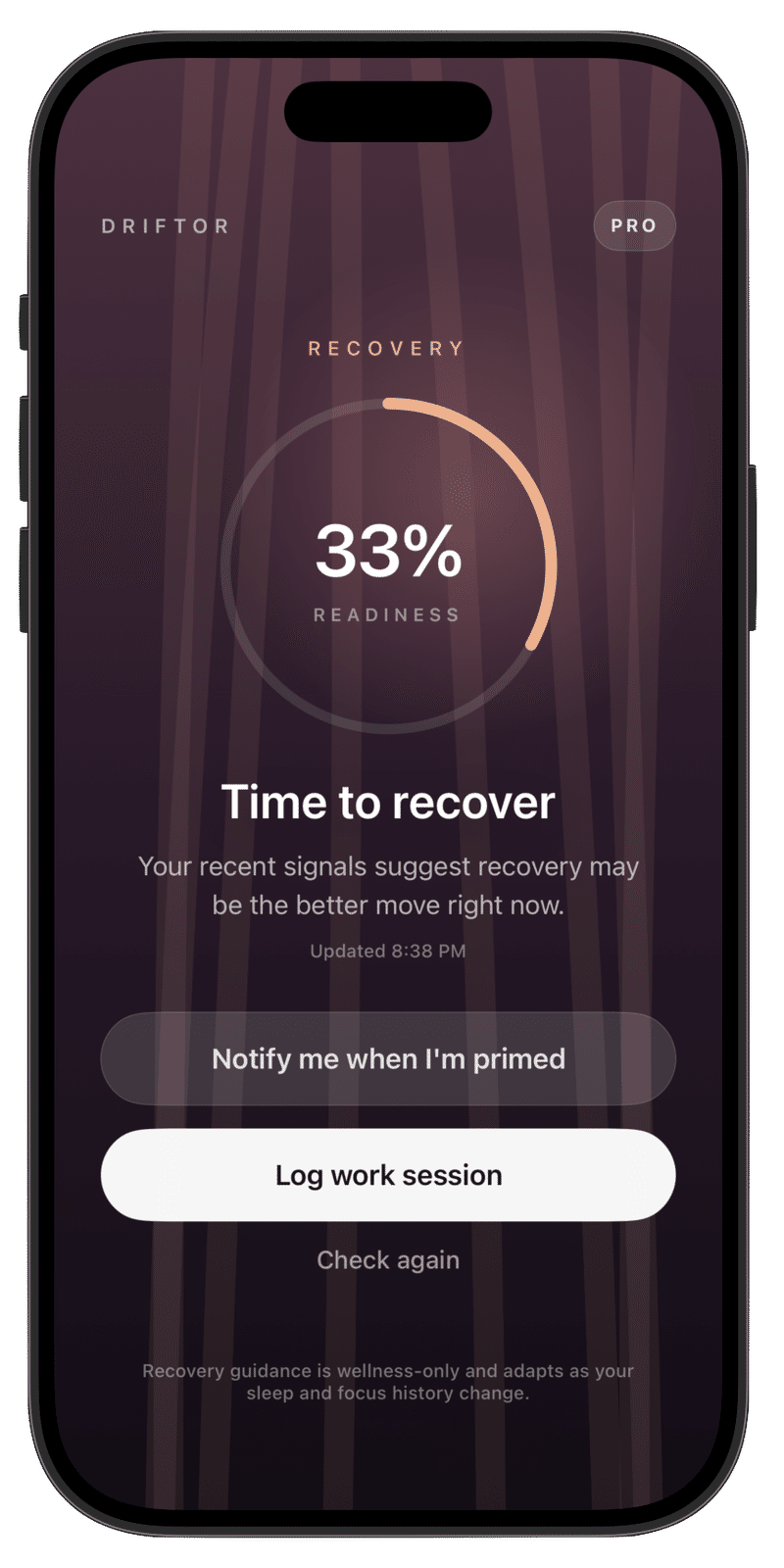 Driftor Recovery screen showing 33 percent readiness and a time-to-recover recommendation