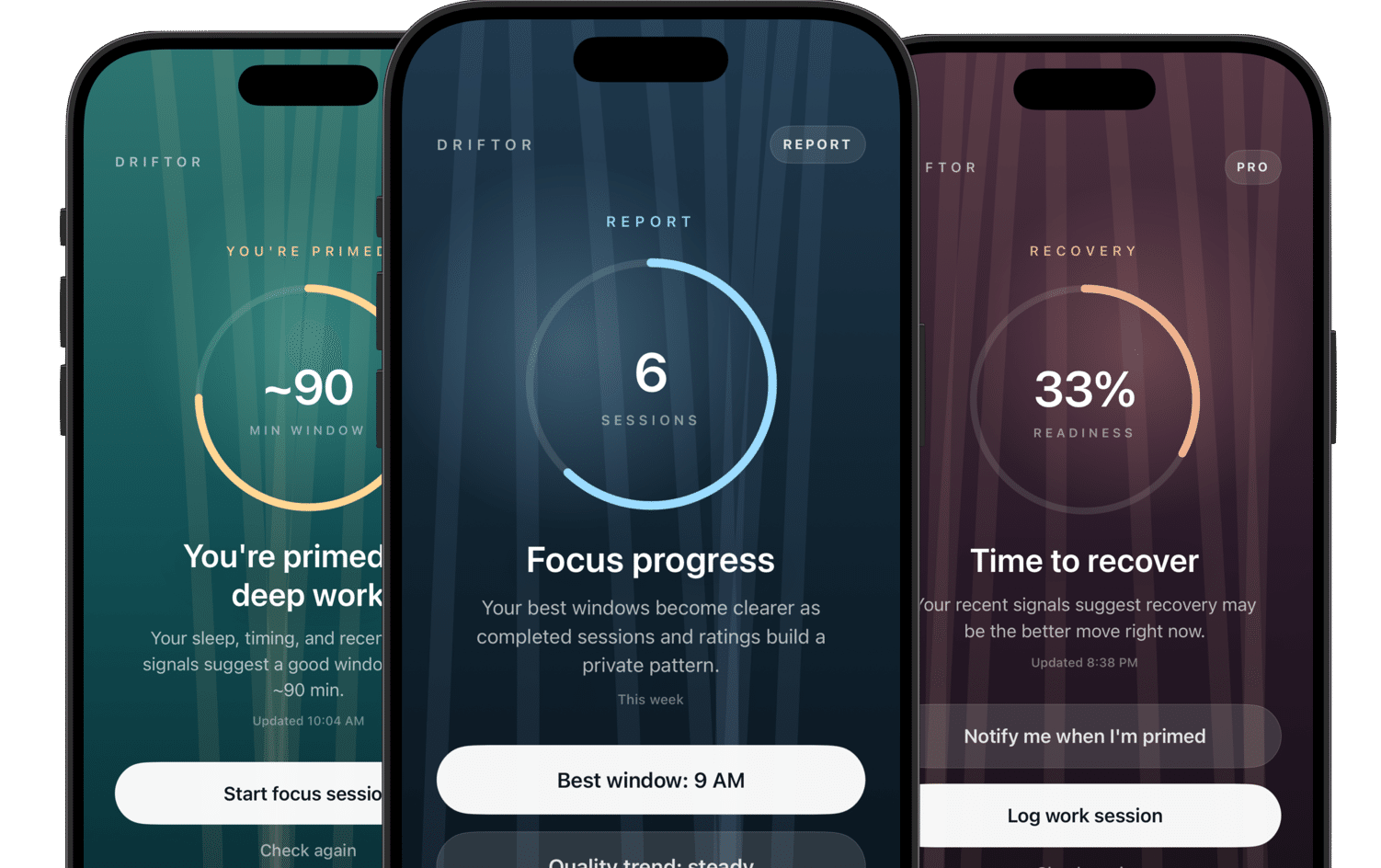 Driftor focus readiness app showing Primed, Focus Report, and Recovery states on three iPhones