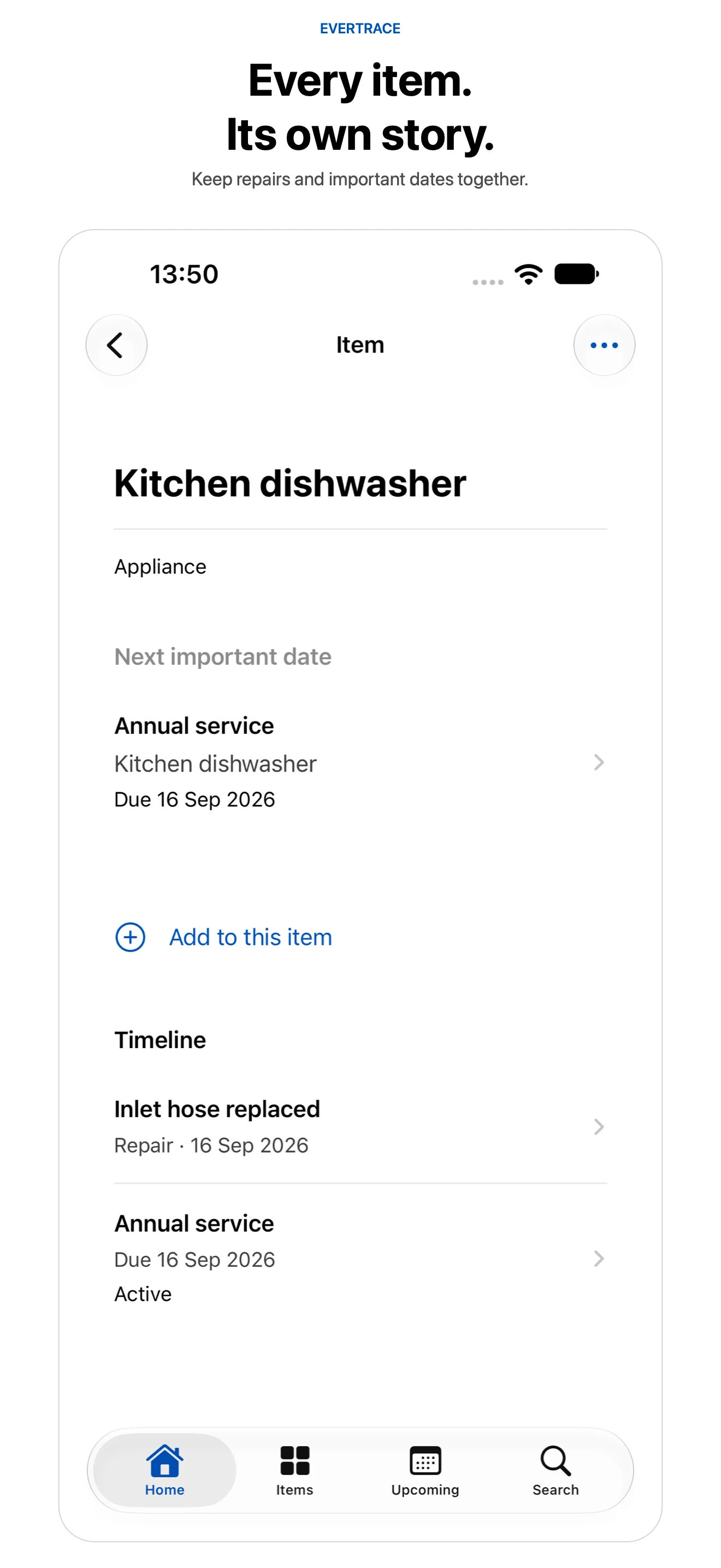 EverTrace dishwasher item with annual service date and repair timeline