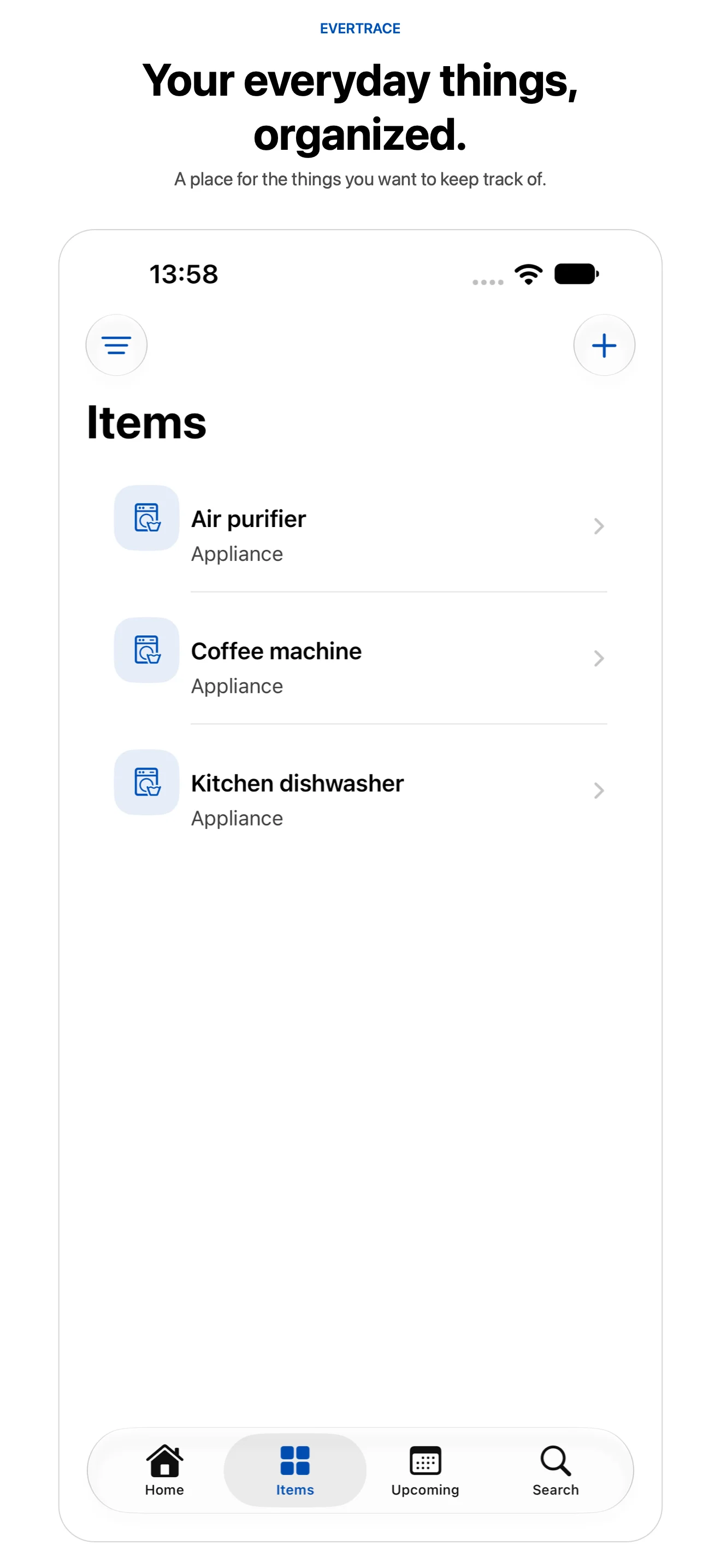 EverTrace Items library listing an air purifier, coffee machine, and dishwasher
