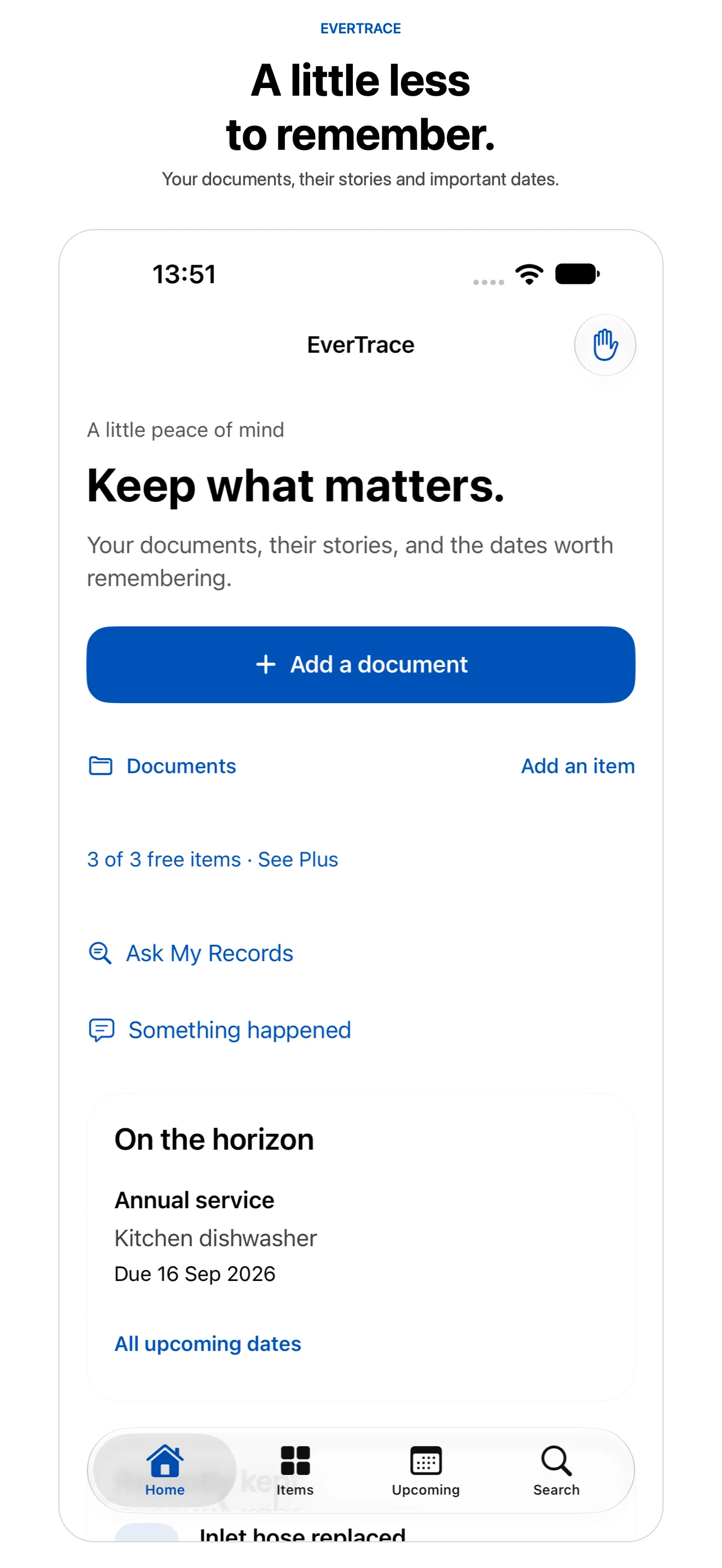 EverTrace home screen with document import, Ask My Records, and upcoming dates