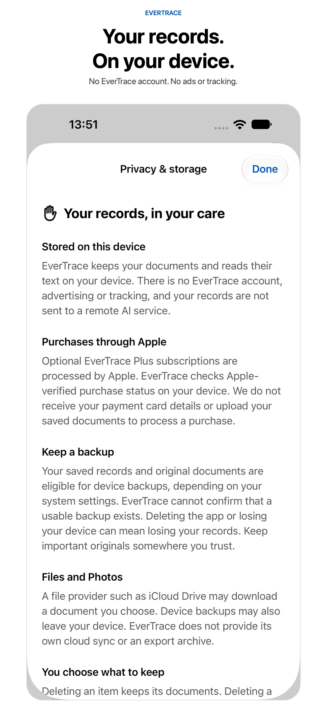 EverTrace privacy and storage explanation covering local records, Apple purchases, and backups