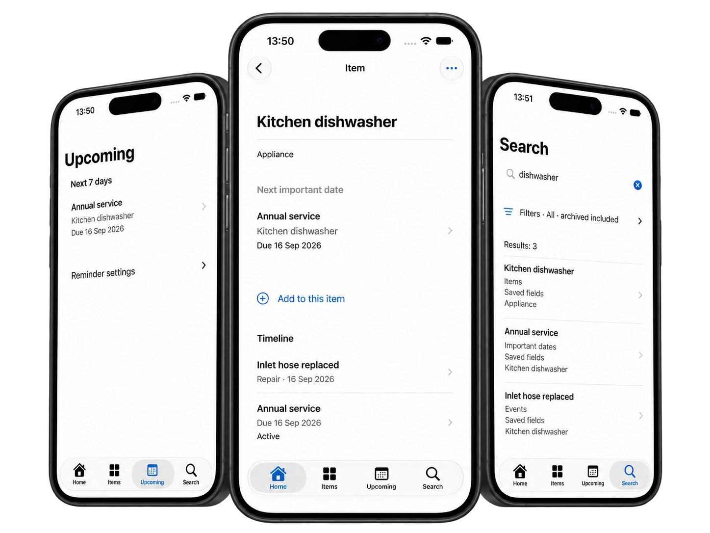 EverTrace item timeline, upcoming service reminder, and saved-record search on iPhone