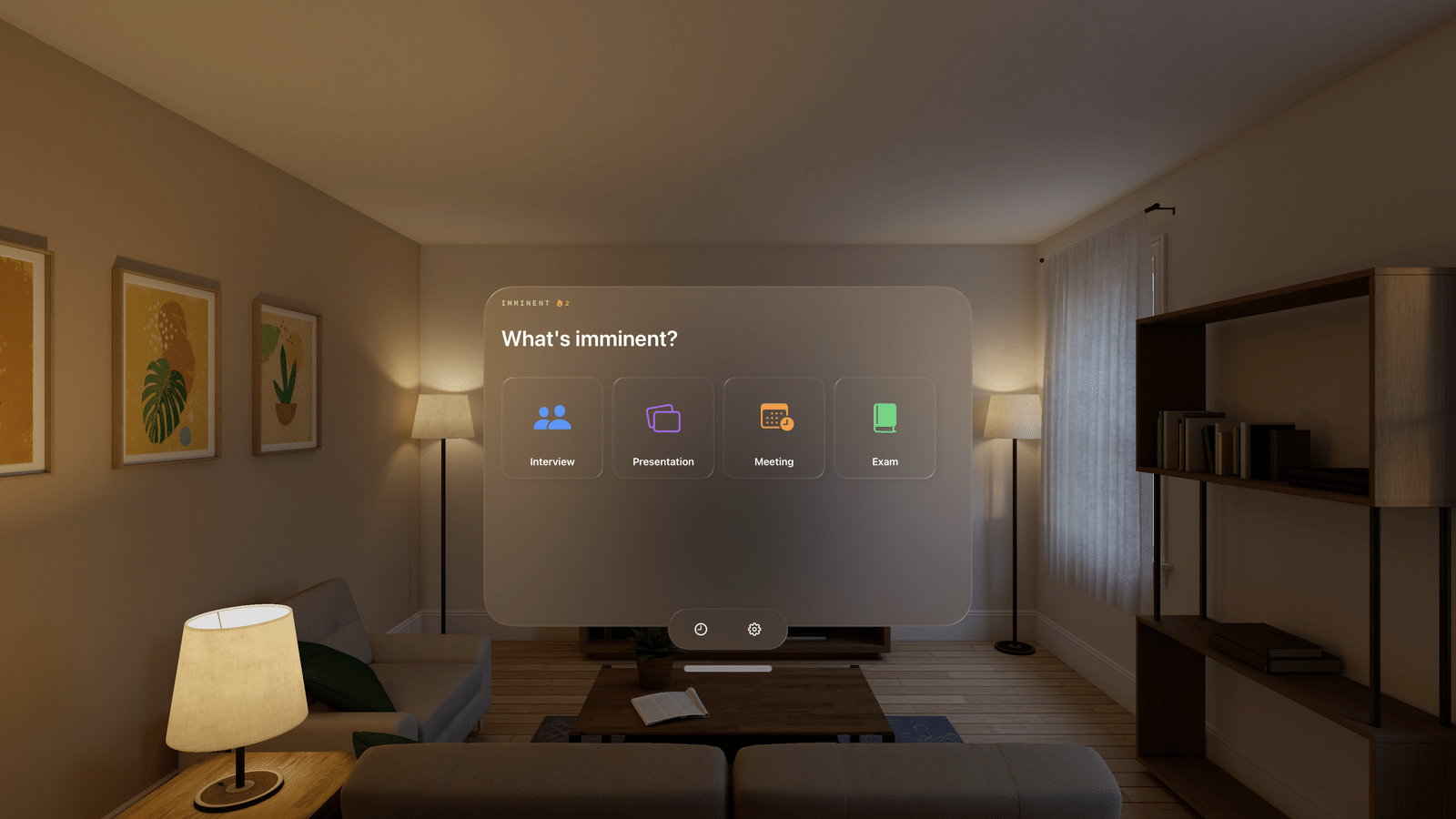 Imminent — four prep session types: Interview, Presentation, Meeting, and Exam on Apple Vision Pro