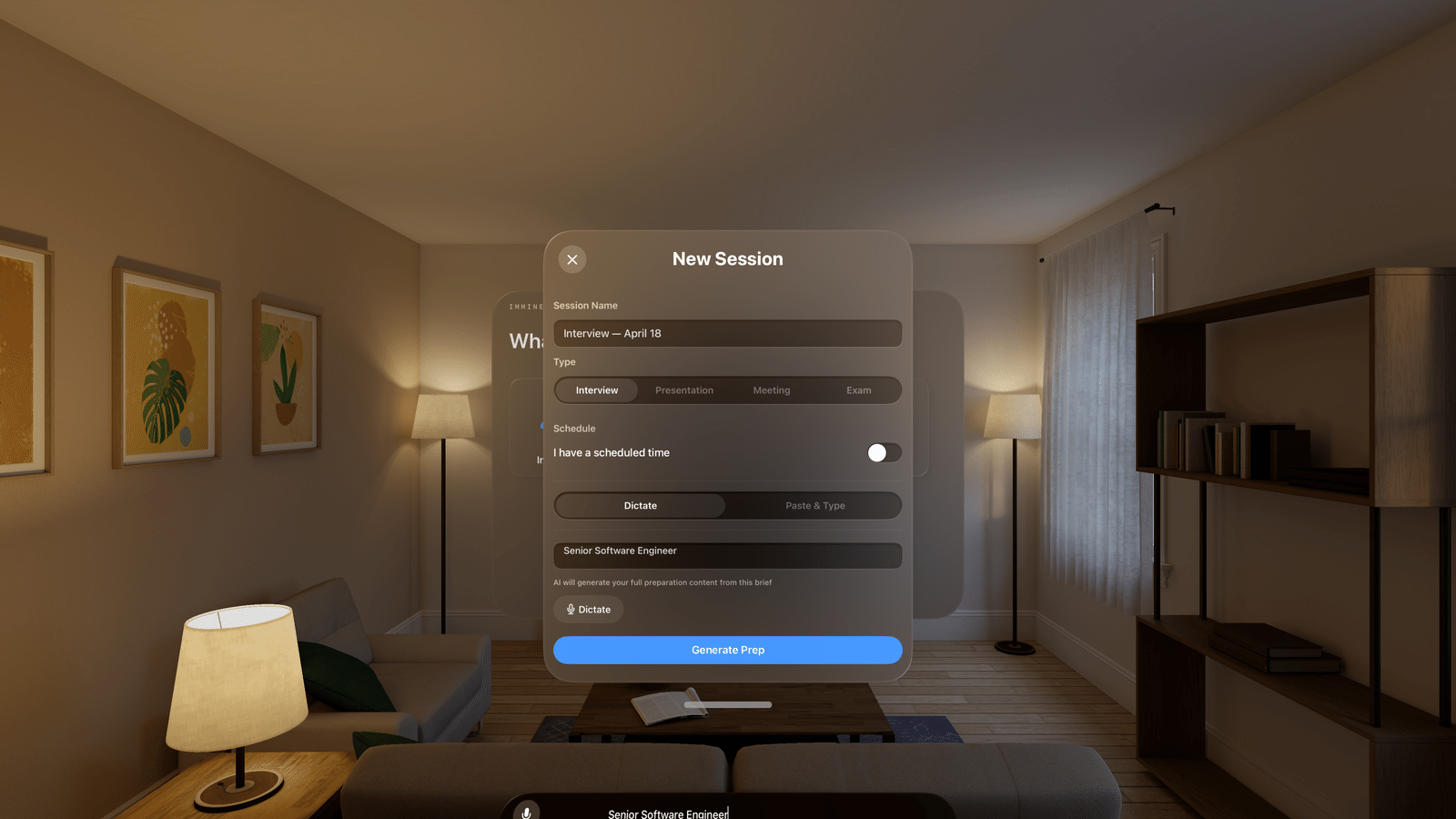 Imminent — immersive spatial workspace on Apple Vision Pro showing prep content laid out in 3D space