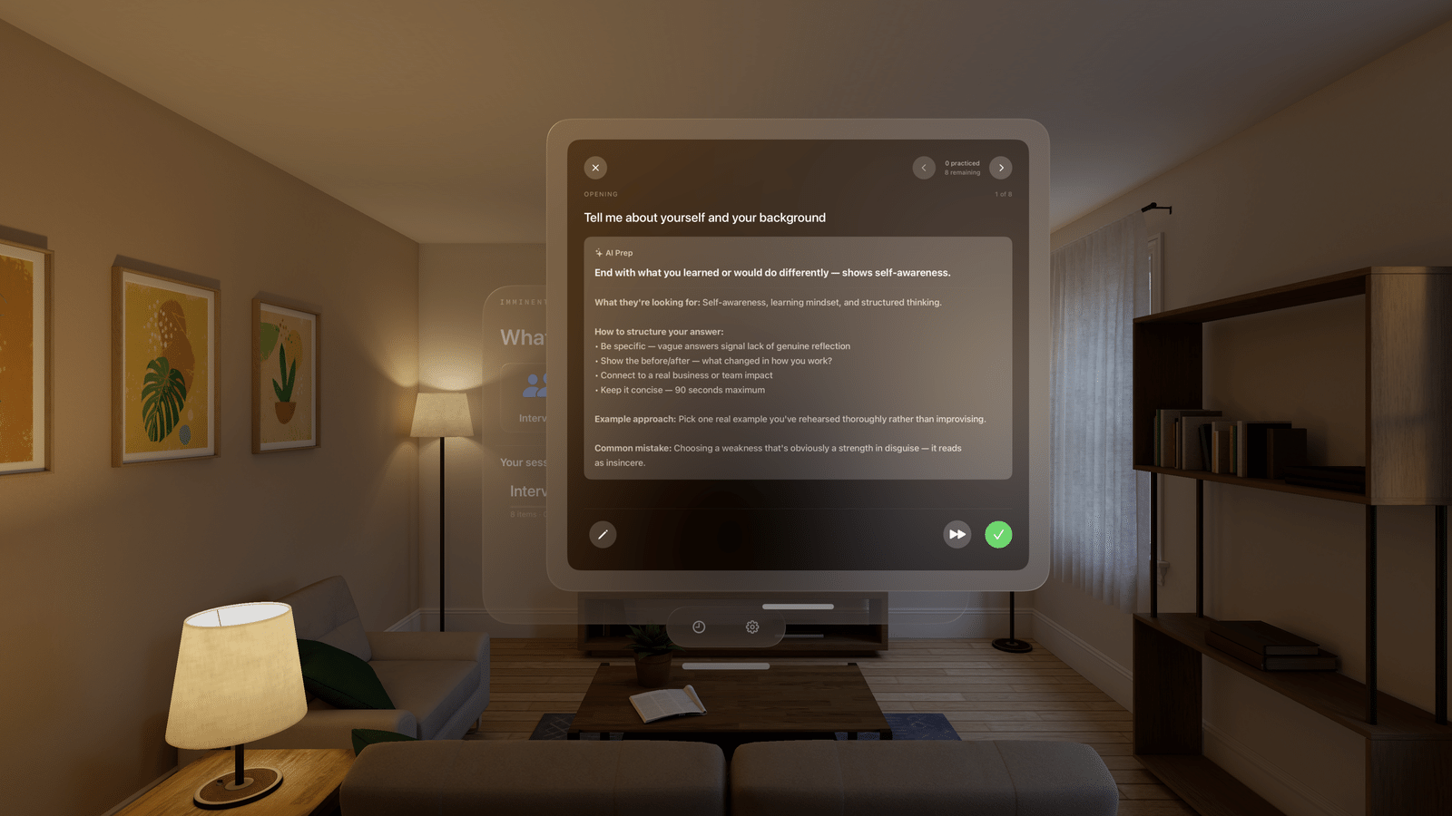 Imminent — on-device AI generating structured prep content via Apple Intelligence, zero data sent externally