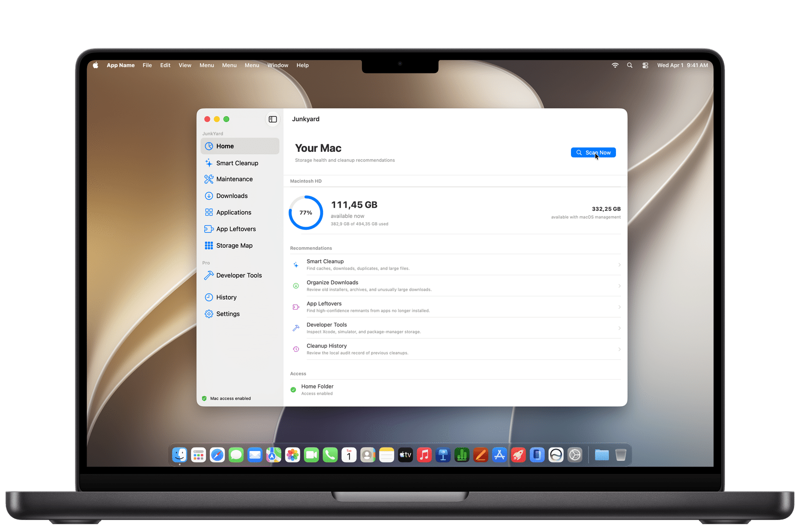 JunkYard Cleaner Home dashboard showing 77 percent disk usage, space available now, and storage managed by macOS