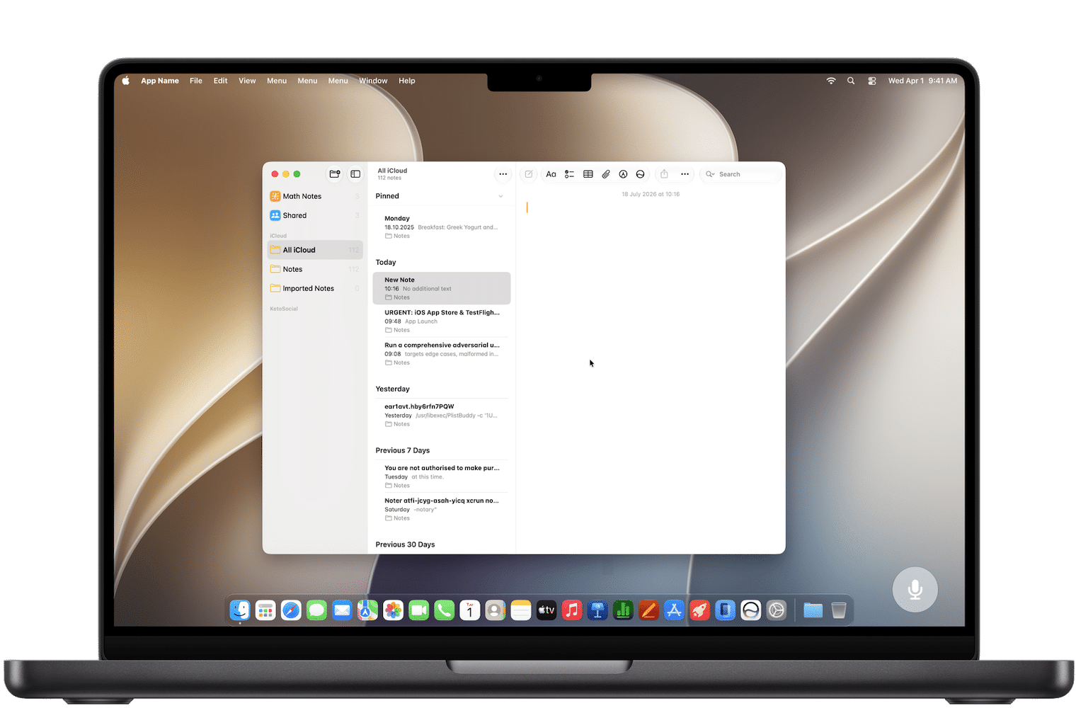 A blank Apple Notes document with Lokál’s floating microphone ready to dictate