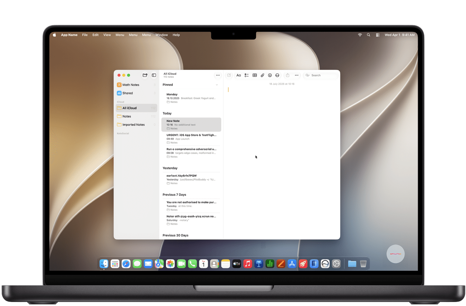 Lokál dictating into Apple Notes with its floating status control visible
