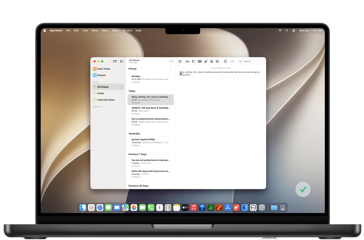 Dictated text inserted in Apple Notes while Lokál displays a green success checkmark