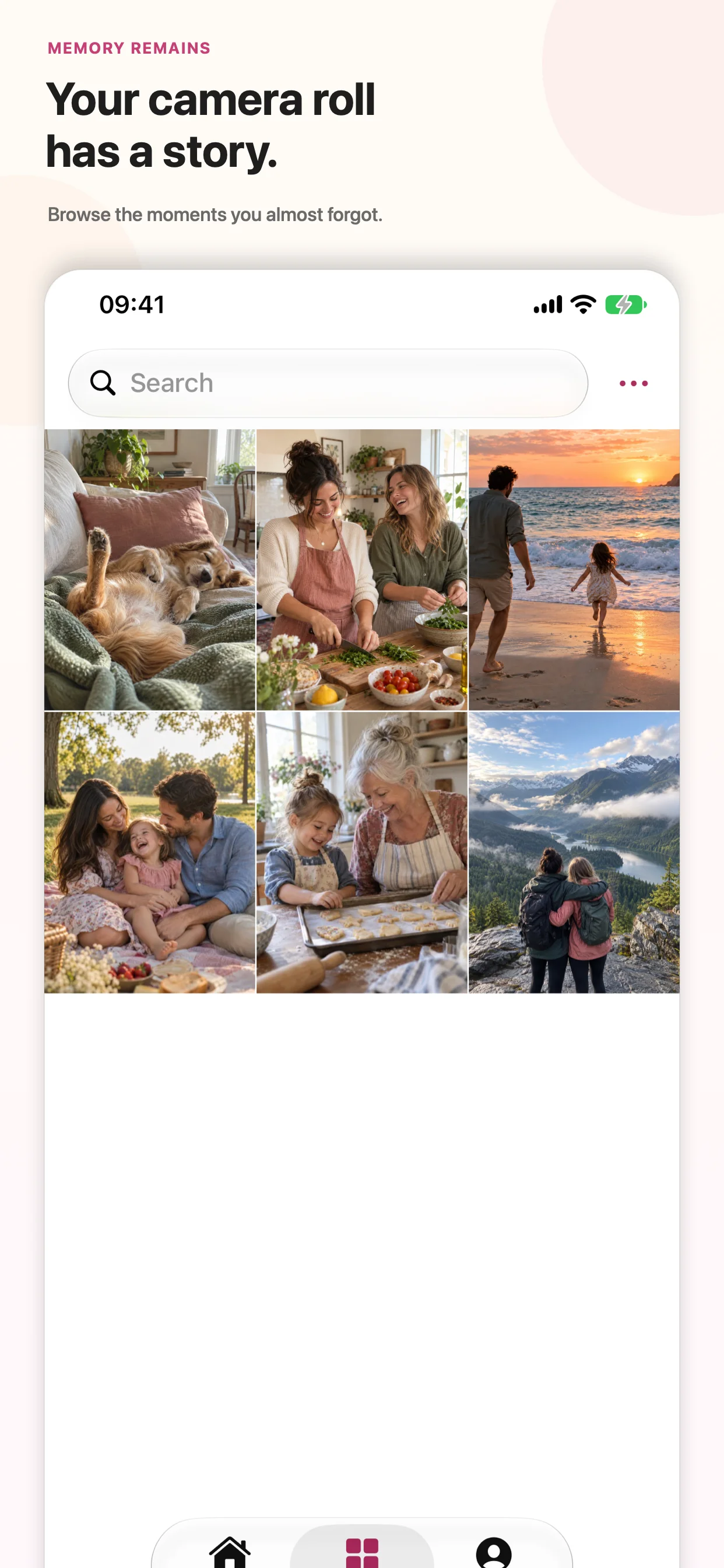 MemoryRemains Explore grid showing personal photos and search