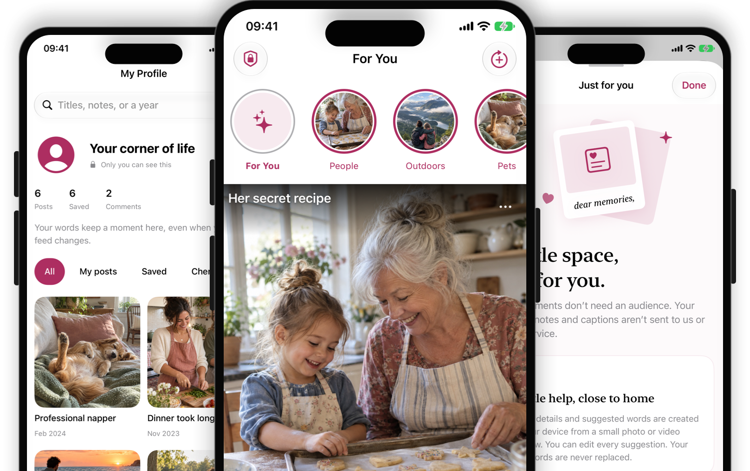 MemoryRemains private photo journal showing the For You feed, personal profile, and on-device privacy screen on three iPhones
