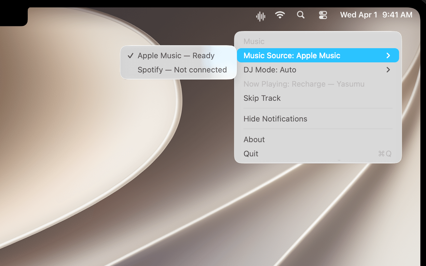 MyLiveDJ music-source menu showing Apple Music ready and Spotify not connected
