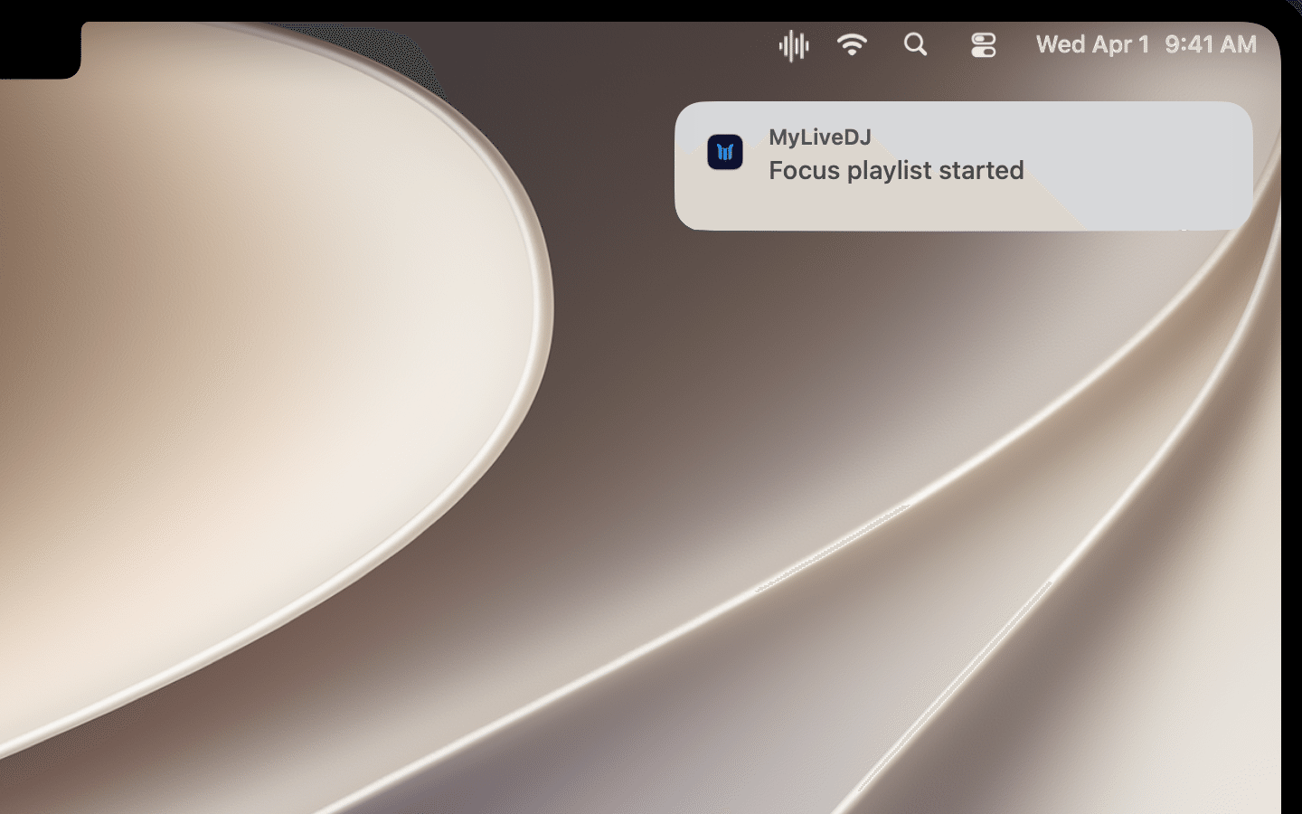 MyLiveDJ notification announcing that a Focus playlist has started