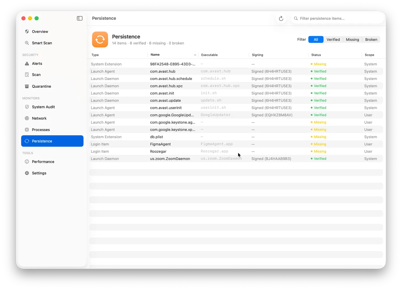 Nick Persistence Monitor — LaunchAgents, LaunchDaemons, Login Items and browser extensions with signing and status