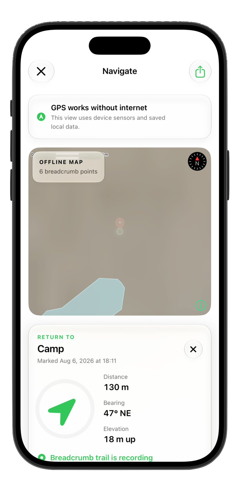 ECHO offline navigation showing a saved camp waypoint, bearing, elevation, and recorded breadcrumb trail