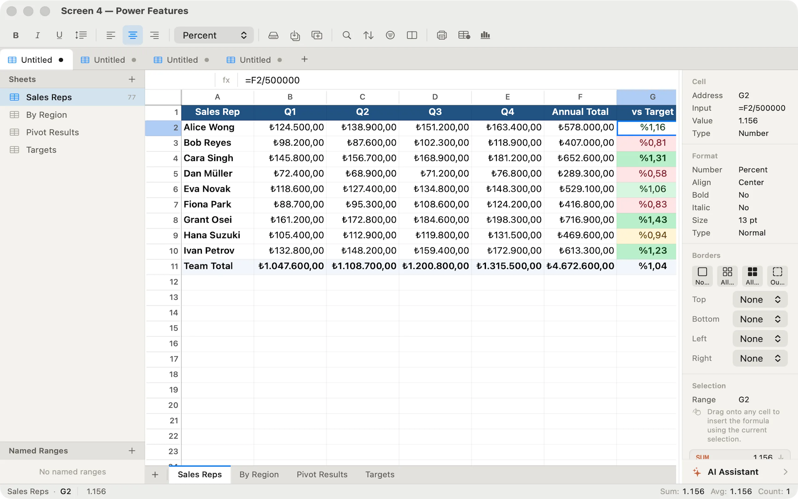 Sheetforge power features — conditional formatting and pivot tables