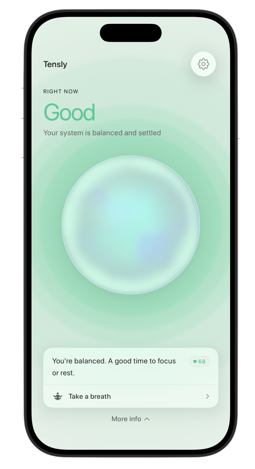 Tensly — two stress states side by side: Good (system balanced, teal orb) and Busy (light activation, golden orb)
