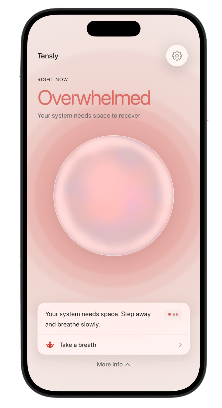 Tensly — three stress states: Stressed (red orb), guided breathing reset on dark background, and Overwhelmed with one-tap recovery prompt