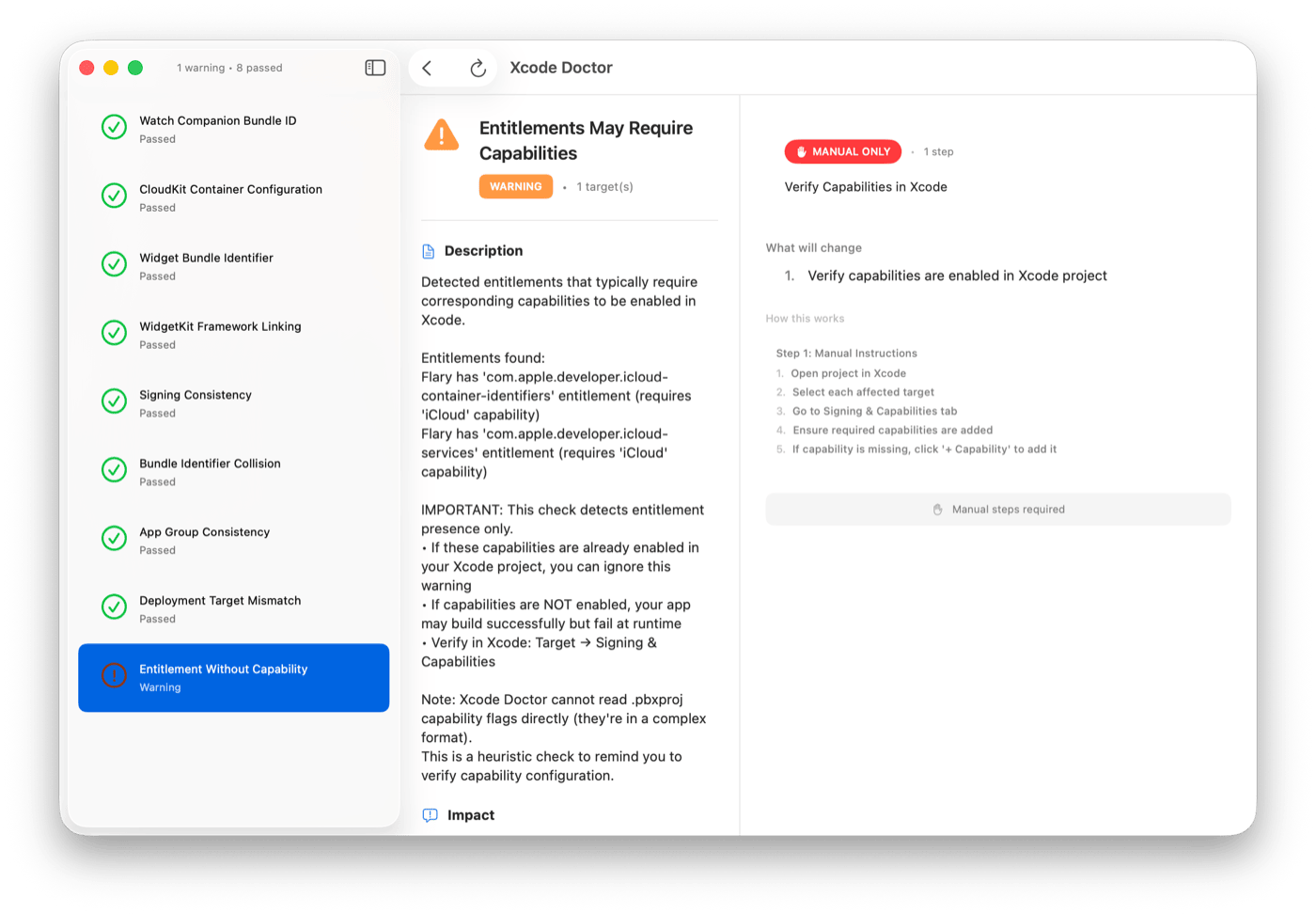 Xcode Doctor — Entitlement Without Capability warning with plain-language description, impact explanation, and manual fix steps panel